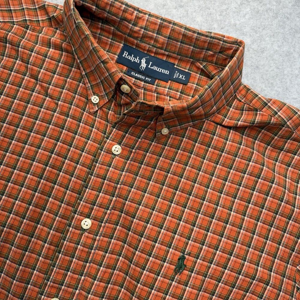 Ralph Lauren XL Classic Fit Orange Green Plaid Cotton Button-Down Shirt